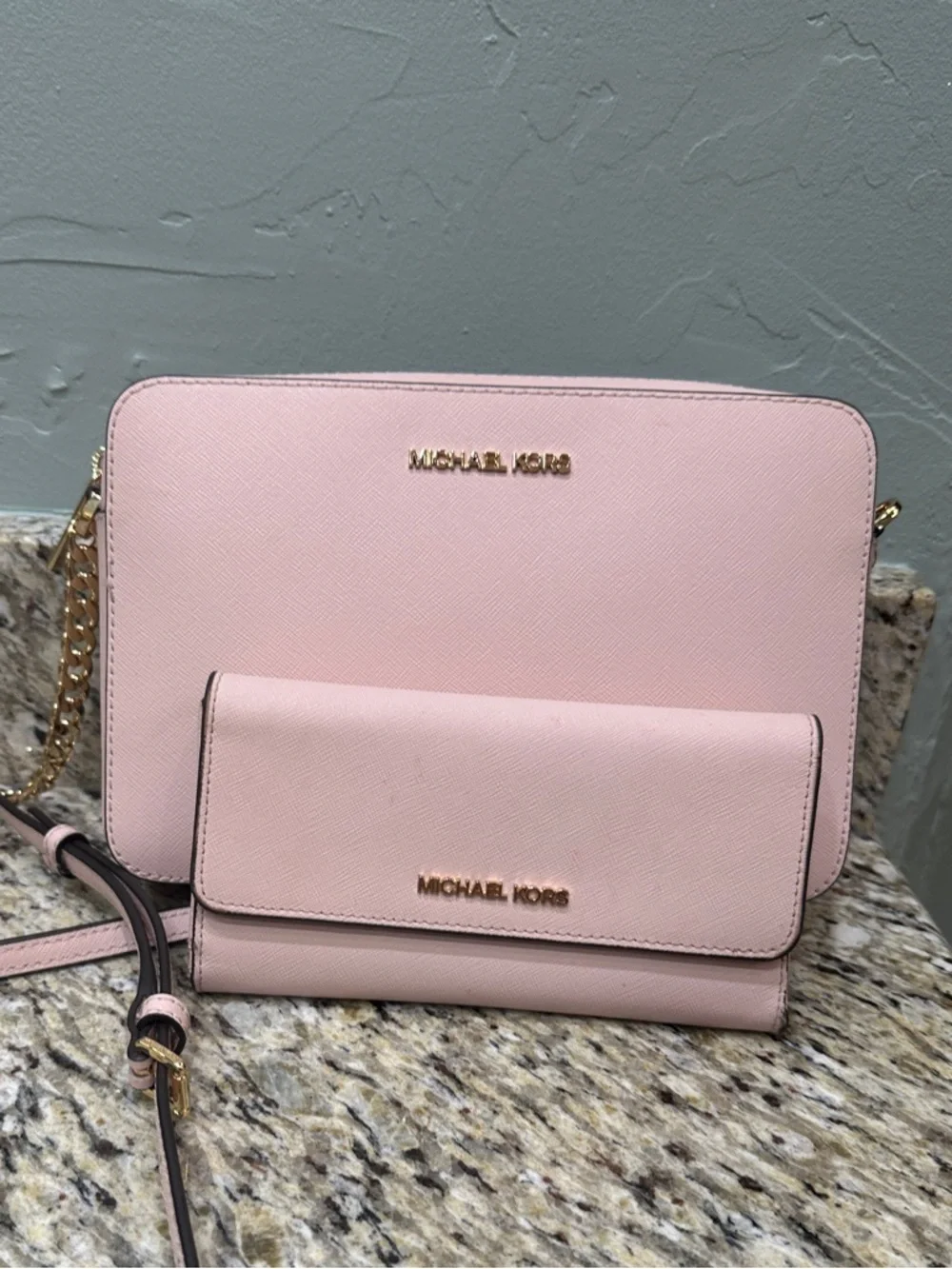 Michael Kors Light Pink Saffiano Crossbody Bag with Matching Wallet
